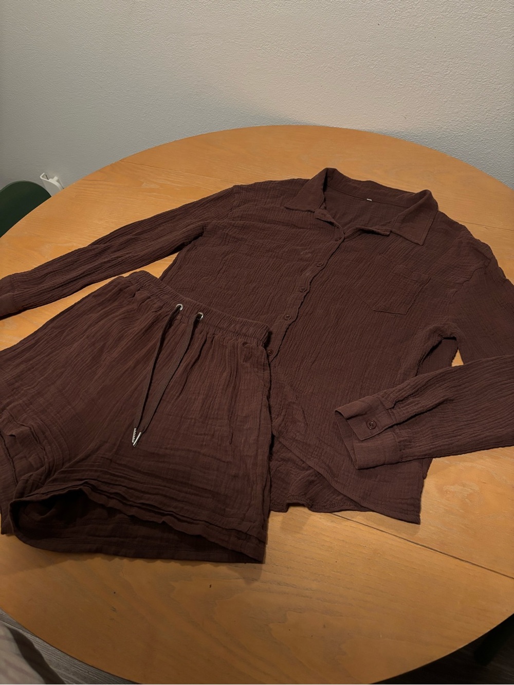 Brown Two-Piece Button Shirt & Drawstring Shorts Set